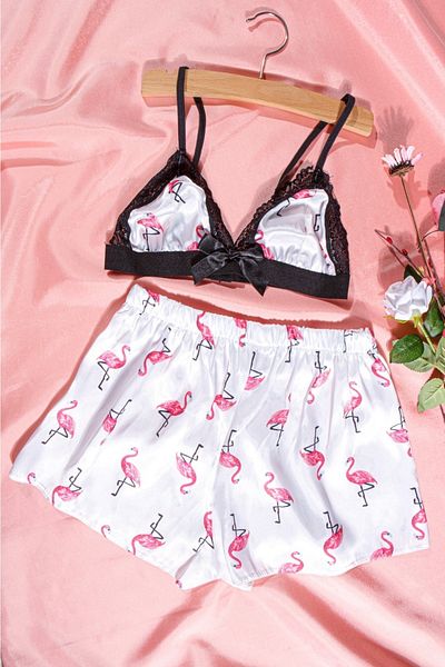MEBA Dámské šortky s provazovým páskem s krajkou Bustier Pink White Flamingo Saténová noční košile
