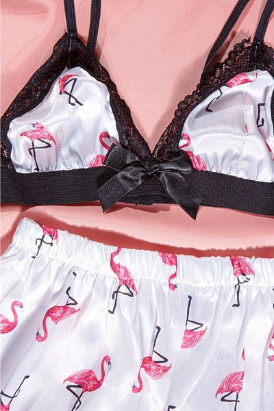 MEBA Dámské šortky s provazovým páskem s krajkou Bustier Pink White Flamingo Saténová noční košile
