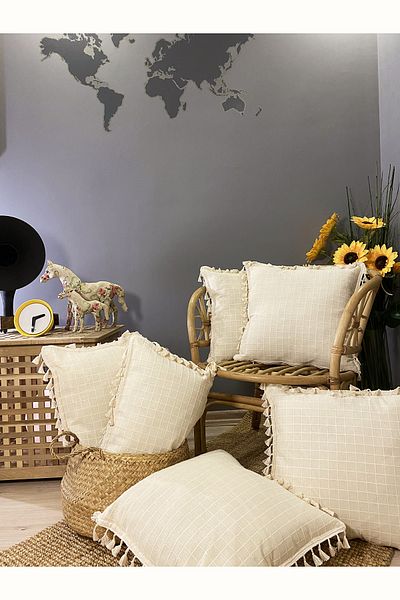 Realhomes Σετ κάλυμμα μαξιλαριού ριχτάρι 4+2 χειροποίητο φυσικό 100% οργανικό βαμβάκι με φούντες 4 άκρων