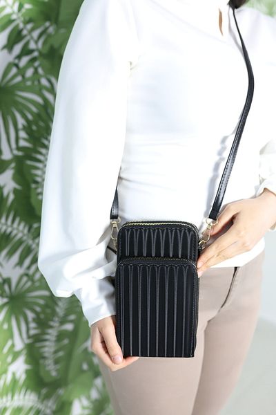 Elentra Black Satin Look, Sports, Three Zipper, Shoulder Strap, Trend Suggestion, Sports, Phone Compartment Bag