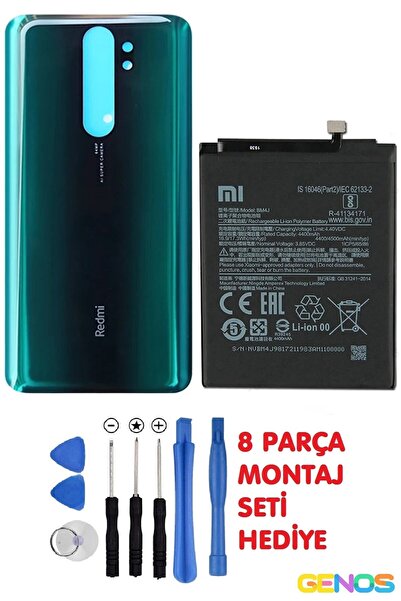 Genos Xiaomi Redmi Note 8 Pro Uyumlu Cam Kapak Batarya Pil Kapağı Yeşil + Pil...