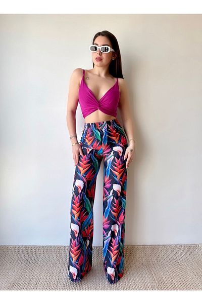merlavin Set de pantaloni largi, cu talie înaltă, cu șnur încrucișat, din microțesătură pentru femei (opțiuni de culoare)