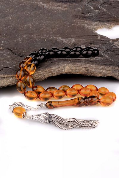 Diriliş Takı Yellow Black Color Silver Tasseled Fire Amber Rosary