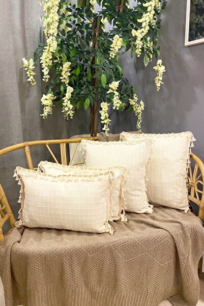 Realhomes 4'lü Handmade Natural %100 Organik Pamuklu 4 Kenar Püsküllü Kırlent...