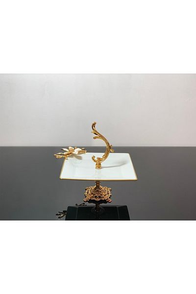atabey home Kütahya Porcelain Square Presentation Bowl with Handle 21 Cm Daisy White