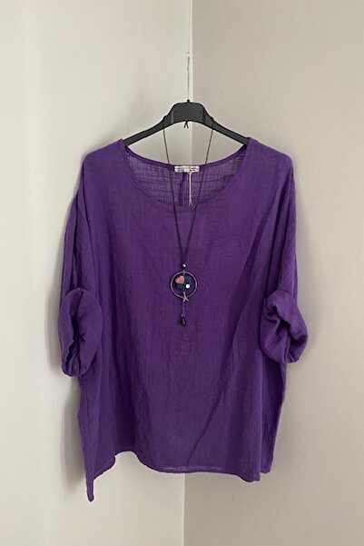 AYASOFYA OTANTIK Kadın Italyan Mor Kolye Aksesuarlı Oversize Salaş Bluz