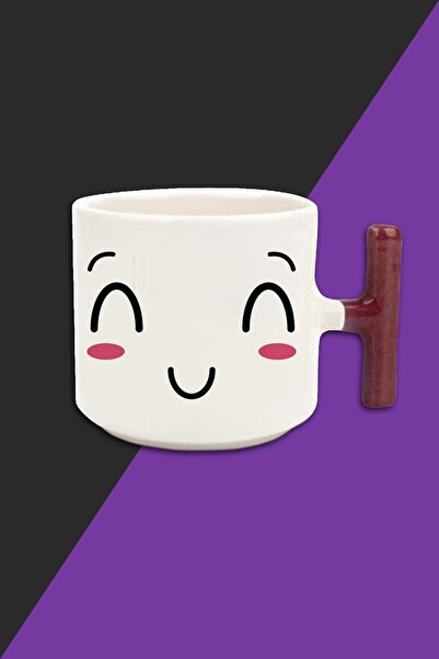 bymat Smile - كوب لاتيه بلون كريمي - كوب بمقبض أحمر