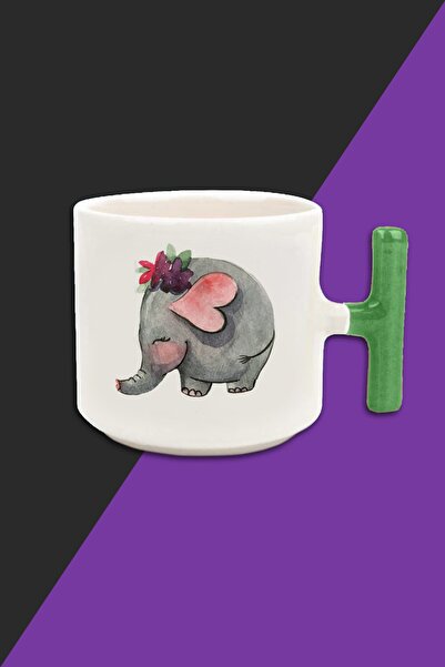 bymat كوب لاتيه بلون كريمي على شكل فيل - كوب بمقبض أخضر