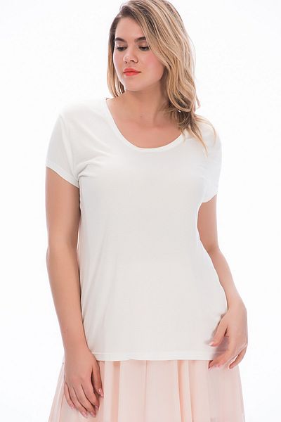 Şans Women's Large Size Bone Cotton Fabric Crew Neck Basic Blouse 65n15791