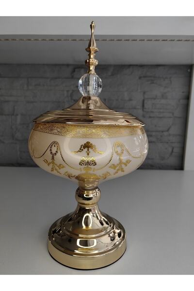 ALANYA HOME DECOR Lüks Varak Kapaklı Şekerlik Cam Gövde Altın Metal Ayak 37cm...