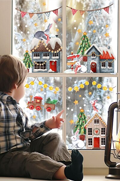 Sim Tasarım Yılbaşı Eğlenceli Tavşanlı Şehir Yeni Yıl Karlı Şehir Cam Kapı Dolap Süsleme Sticker Set