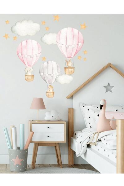 Sim Tasarım Pembe Uçan Hava Balonları Duvar Sticker Seti
