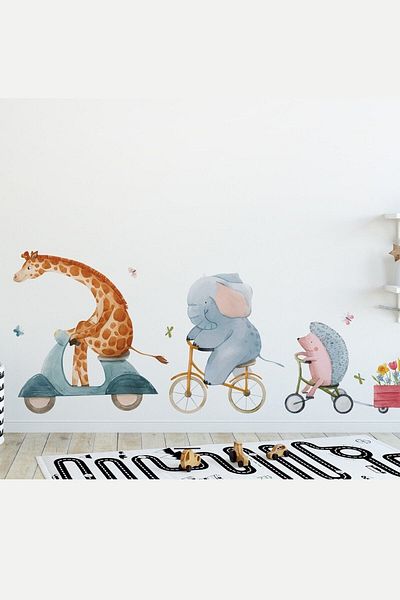 Sim Tasarım Cute Animals on Bicycle Wall Sticker Set