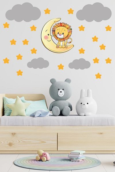 Sim Tasarım Cute Lion Yellow Stars And Gray Clouds Decorative Baby Kids Room Wall Sticker