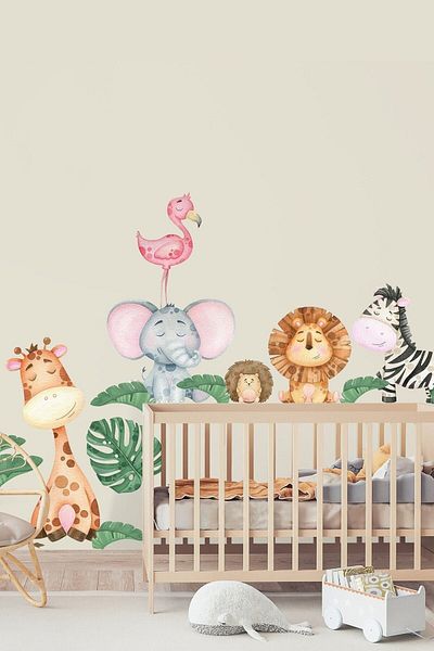 Sim Tasarım Cheerful Forest Animals Flamingo Hedgehog Lion Zebra Elephant Giraffe Kids Room Wall Sticker