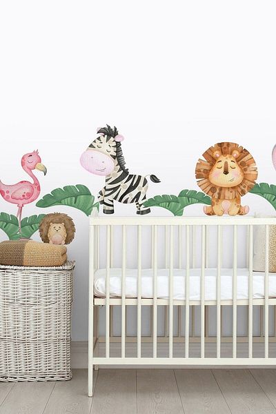 Sim Tasarım Cheerful Forest Animals Flamingo Hedgehog Lion Zebra Elephant Giraffe Kids Room Wall Sticker