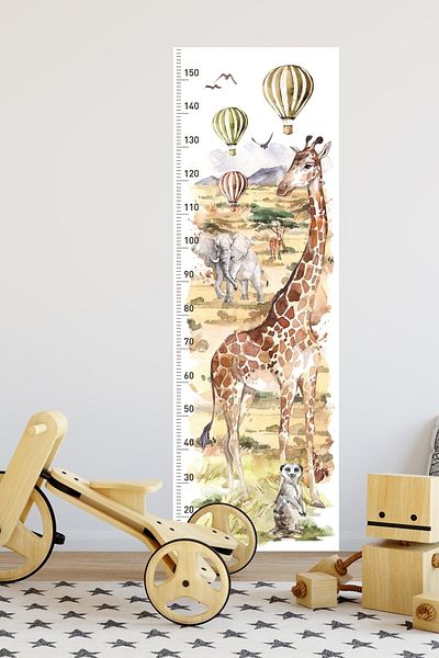 Sim Tasarım Watercolor Style African Animals Safari Air Balloon Height Gauge Kids Room Wall Sticker