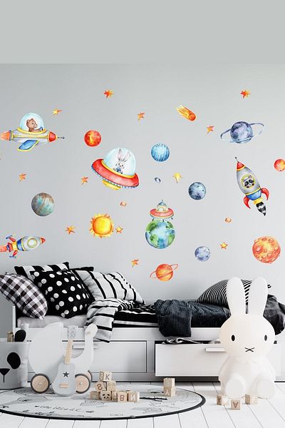 Sim Tasarım Space Planets Astronaut Animals Kids Room Wall Sticker Set