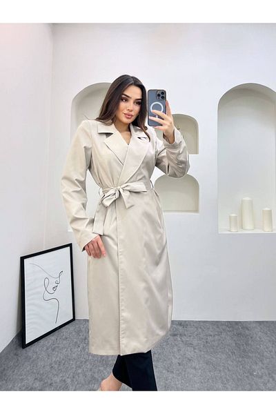 S&A Collectionn Women's Belted Padded Plain Trench Coat Stone Color
