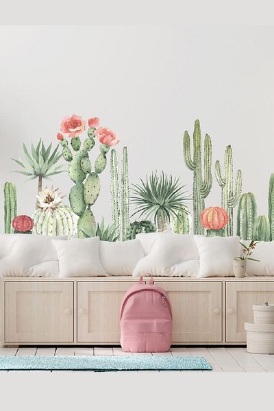 Sim Tasarım Large Size Green Cactuses And Succulents Wall Sticker Set