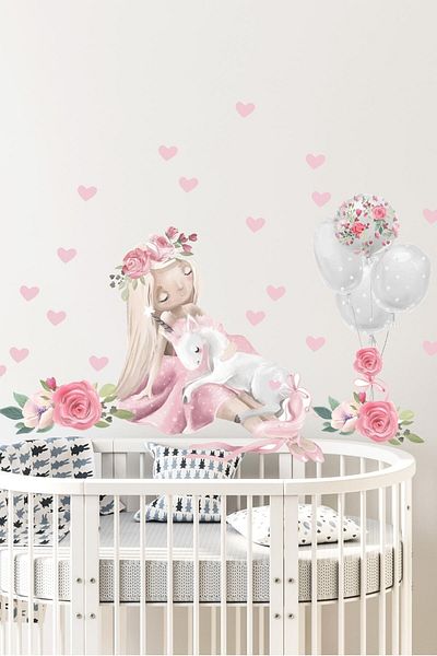 Sim Tasarım Sm301 Soft Balloons Fairy Girl and Unicorn Wall Sticker Set