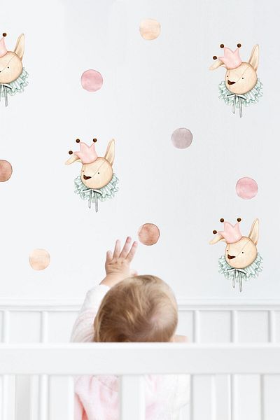Sim Tasarım Soft Color Crowned Rabbit Bust and Polka Dots Kids Room Wall Sticker Set - Sim727