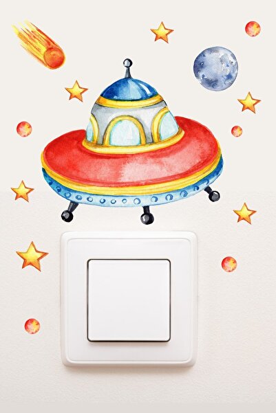 Sim Tasarım - Priz - Uzay Gemisi Ve Yıldızlar Çocuk Odası Dekoratif Priz Stic...