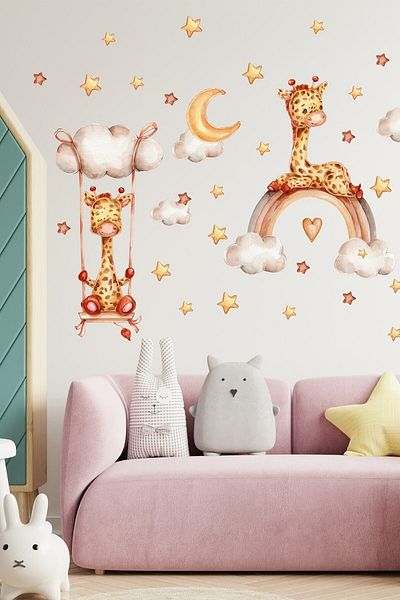 Sim Tasarım Triple Cute Giraffes Stars And Clouds Kids Room Wall Sticker Set - Sim782