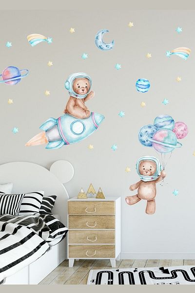 Sim Tasarım Sim376 Astronaut Bears And Planets Space Theme Kids Room Wall Sticker Set
