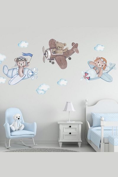 Sim Tasarım Set of 3 Friendly Pilot Bears Wall Sticker