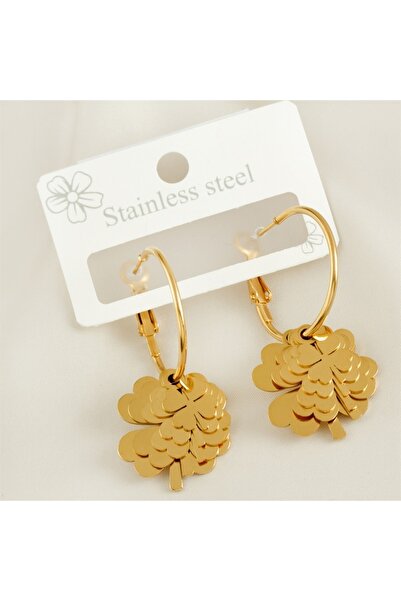 Gold Yonca Lüks Çelik Küpe