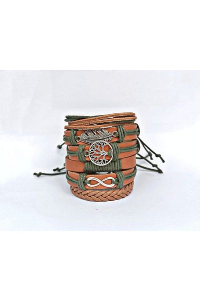 BSN Store Infinity Tree of Life 6 Pieces Genuine Leather Bracelet with Green String on Tan Leather with Leaf Figures