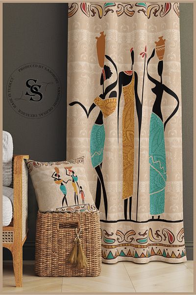 SasoHome Fundal crem Catifea cu model turcoaz etnic african 140 X 270 Cm Calitate - Cortina de fundal imprimata digital