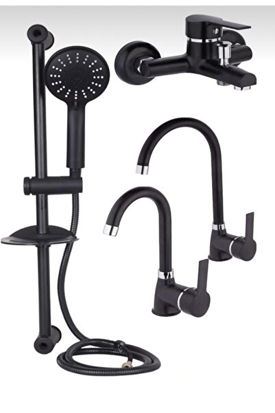 BDL ARMATÜR Siyah Krom Sürgülü Duş, Mutfak, Banyo, Lavabo 4'lü Set
