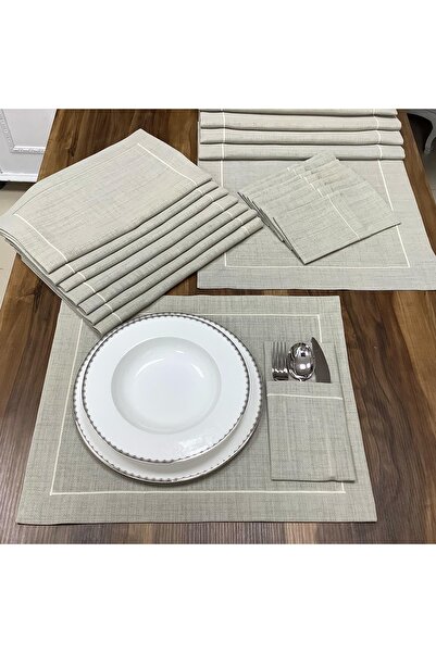OYA home Taş Rengi Amerikan Servis (12) & Kaşıklık (12) & Runner (1) Set (25p...