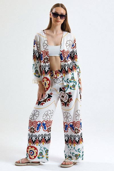 MD trend Women's Ecru Floral Patterned Wide Leg Linen Trousers Kimono Set
