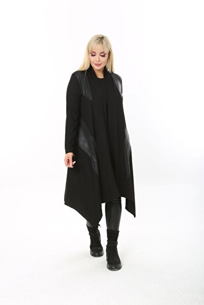 Butik Ayseba Kadın Siyah Büyük Beden Asimetrik Deri Detaylı Hırka Kap