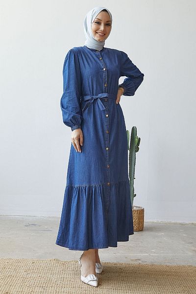 InStyle Fustă aravis rochie din denim cu curea cu volane - Albastru închis