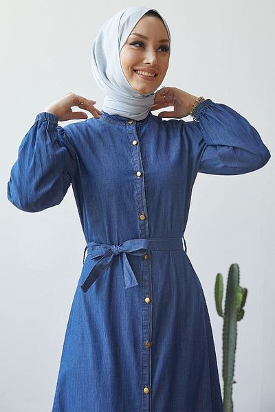 InStyle Fustă aravis rochie din denim cu curea cu volane - Albastru închis