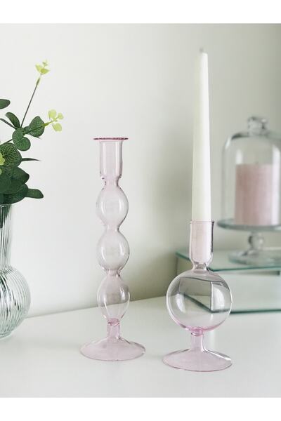 Shura Homeware Pembe Cam Şamdan Takımı Üfleme Şamdan Mumluk El Işçiliği