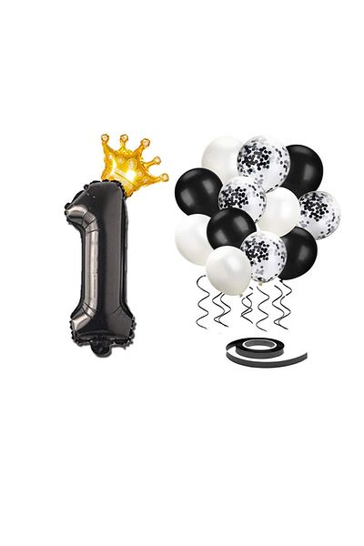 Patladı Gitti 1 Number Black Foil Balloon, King's Crown and Black Balloon Set with Confetti