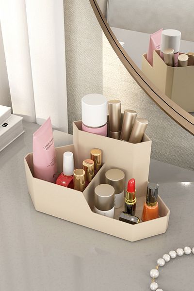 DOVİHOME Aqua Makeup Organizer and Cosmetic Storage Box Organizer Set of 3 Cream