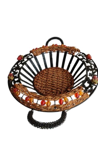 onyyapim Dekoratif Yuvarlak Kulplu Hasır Ferforjeli Çilekli Ve Boncuklu Büyük Boy Sepet