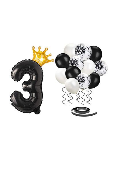 Patladı Gitti 3 Number Black Foil Balloon, King's Crown and Black Balloon Set with Confetti