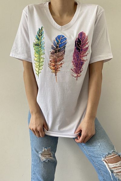 FEMELLE Tricou alb pentru femei, cu decolteu în V, cu model de pene, brodat cu paiete, 100% bumbac