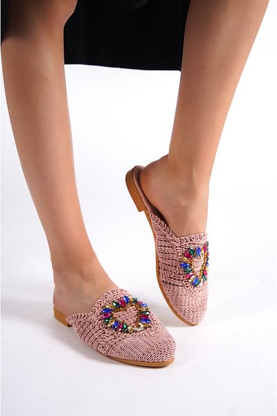 BAKGİY Powder Lace Women's Lace Colorful Stone Slippers Bg1163-122-0002