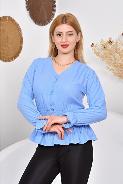 NUR TEKSTİL Kadın Mavi Filamlı Keten Kumaş Beli Ve Kollar Lastikli Uzun Kol Bluz