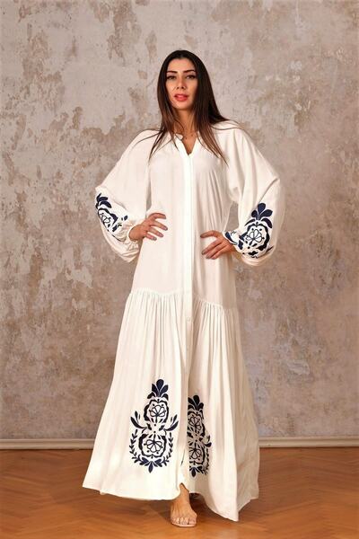 Keyifli Moda فستان نسائي أبيض طويل بياقة V وأكمام بالونية مطرزة وأزرار أمامية...