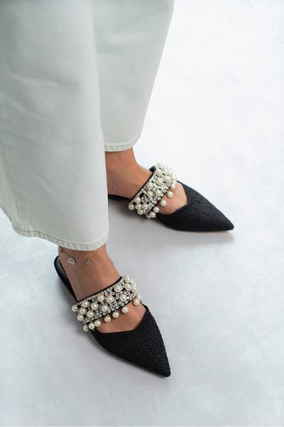 NİŞANTAŞI SHOES Γυναικείες παντόφλες με τακούνι Fomax Black Kilim Pearl Detail