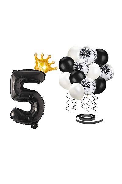Patladı Gitti 5 Number Black Foil Balloon, King's Crown and Black Balloon Set with Confetti